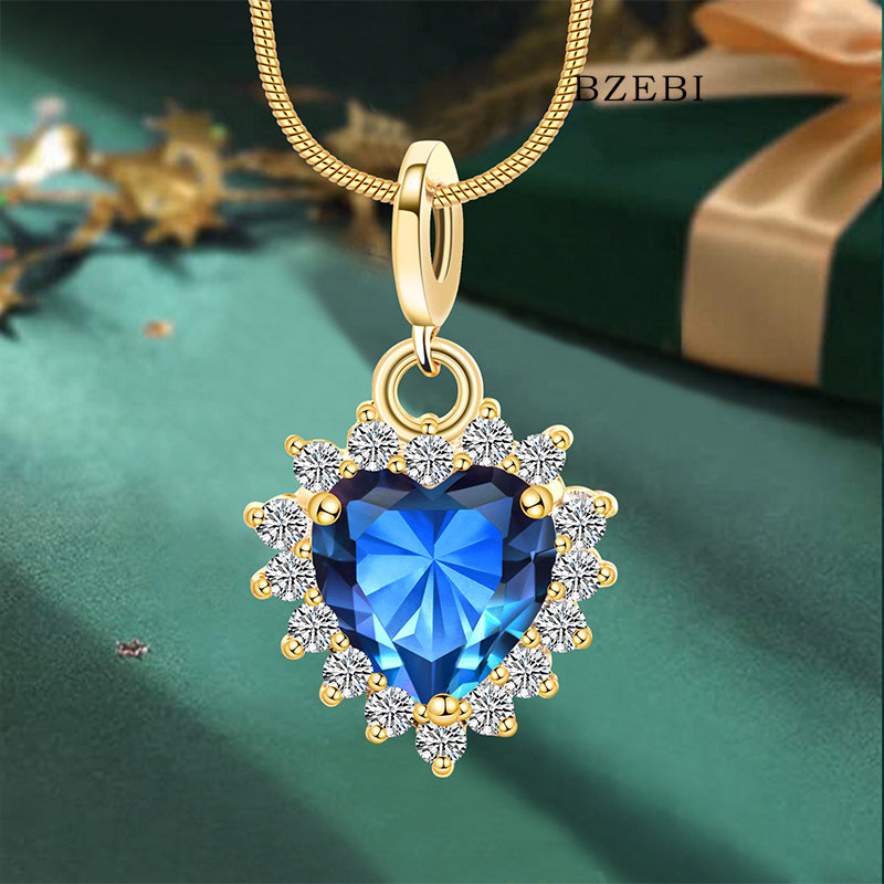 BZEBI 18K gold-plated 5A cubic zirconia heart-shaped necklace (Royal Blue)