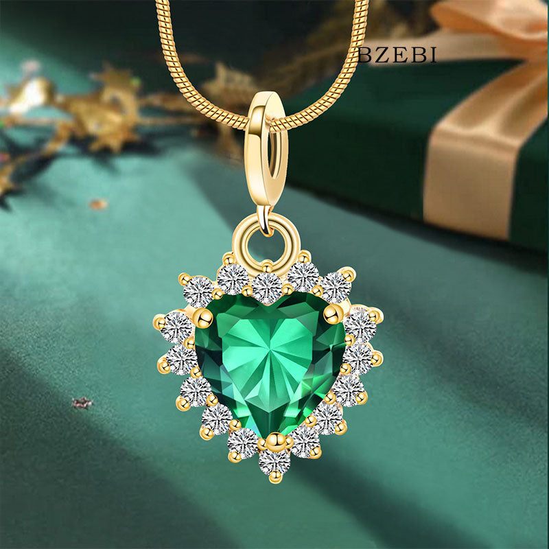 BZEBI 18K Gold Plated 5A Cubic Zirconia Heart Necklace(green)