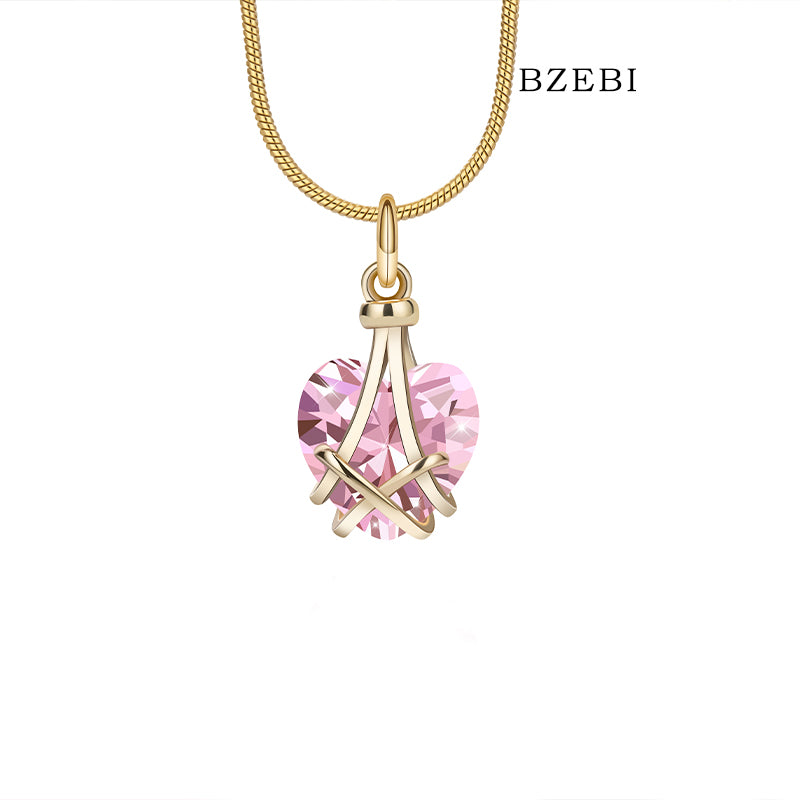 BZEBI Women's Heart-shaped Diamond Barbie Necklace for Teen Girl Gifts(Pink)