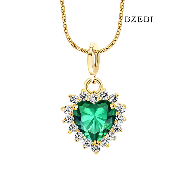 BZEBI 18K Gold Plated 5A Cubic Zirconia Heart Necklace(green)