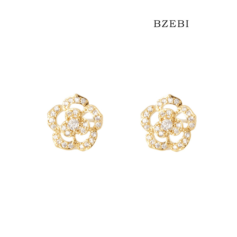 BZEBI 18k Gold Plated Cubic Zirconia Flower Stud Earrings for Women with Box