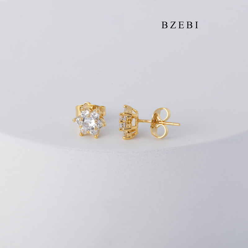 BZEBI New hot selling stainless steel 18K gold plated diamond studded Earrings popular flower gold lady Jewelry Earrings