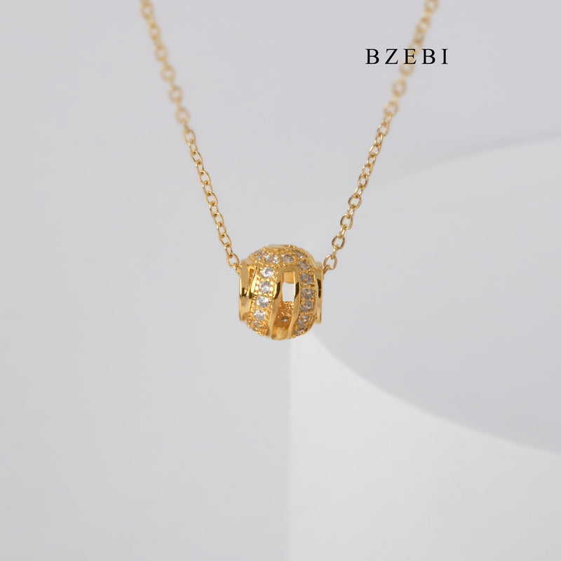 BZEBI Fashionable Simple 18K stainless steel gold-plated spherical hollow cubic zircon pendant necklace new jewelry