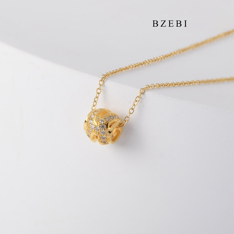 BZEBI Fashionable Simple 18K stainless steel gold-plated spherical hollow cubic zircon pendant necklace new jewelry