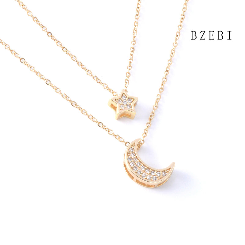 18k Gold Plated Cubic Zirconia Star and moon double chain Necklace for Women with Box