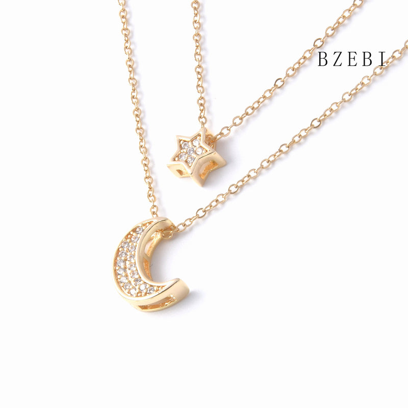 18k Gold Plated Cubic Zirconia Star and moon double chain Necklace for Women with Box