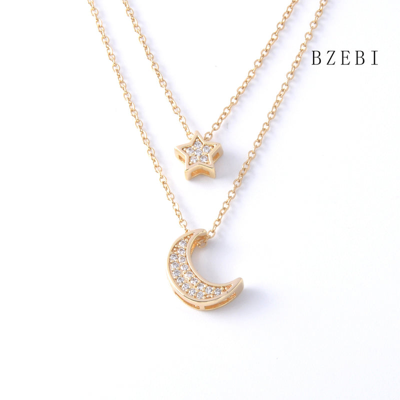 18k Gold Plated Cubic Zirconia Star and moon double chain Necklace for Women with Box