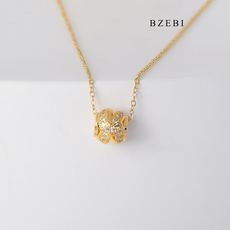 BZEBI Fashionable Simple 18K stainless steel gold-plated spherical hollow cubic zircon pendant necklace new jewelry