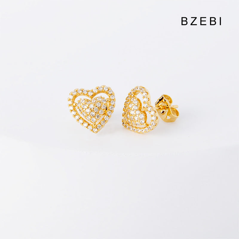 BZEBI 14k cubic zirconia gold-plated love double earrings