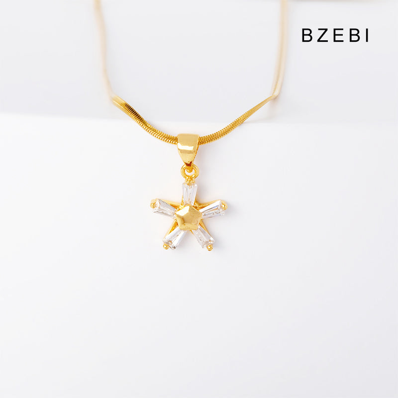 BZEBI 14K gold-plated cubic zirconia five-star petal necklace