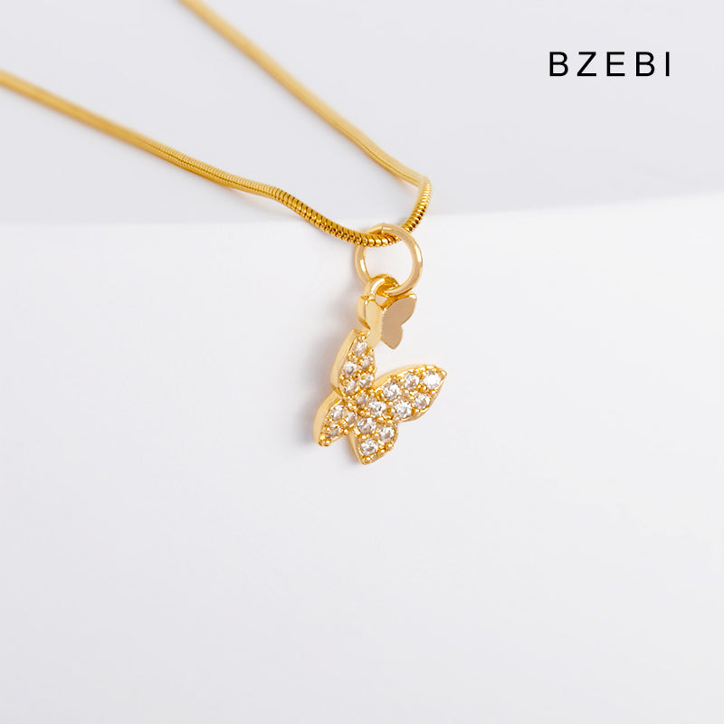 BZEBI 14K gold-plated stackable cubic zirconia butterfly necklace