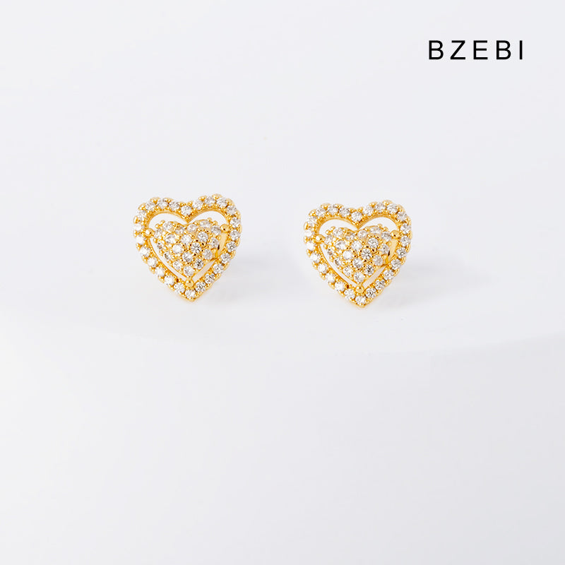 BZEBI 14k cubic zirconia gold-plated love double earrings