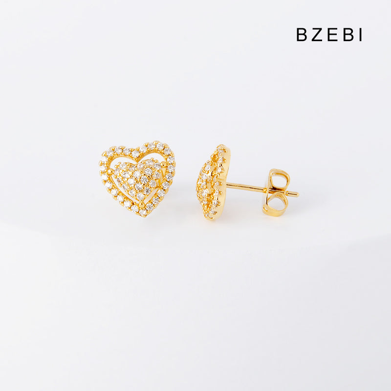 BZEBI 14k cubic zirconia gold-plated love double earrings