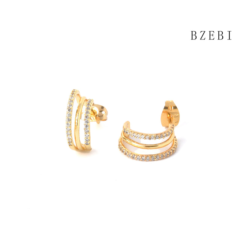 18k Gold Plated Cubic Zirconia Arc shape rock Stud Earrings for Women with Box