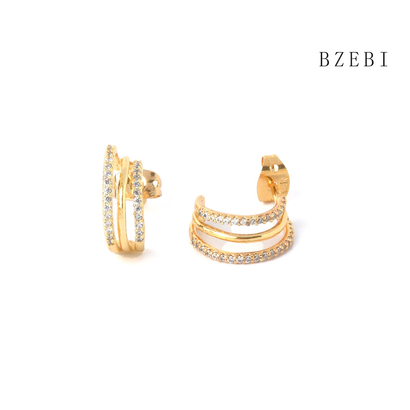 18k Gold Plated Cubic Zirconia Arc shape rock Stud Earrings for Women with Box