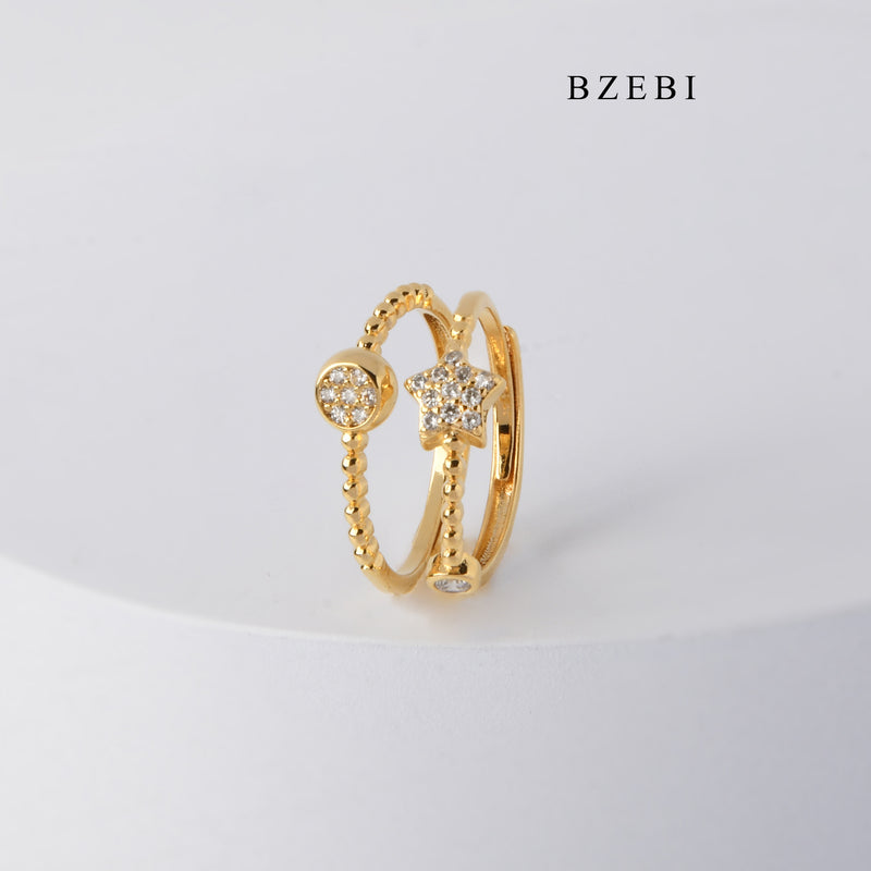 BZEBI Simple and fashionable 18K Stainless Steel Gold Plated 5-point star round set cubic zirconia adjustable ring diamond ring