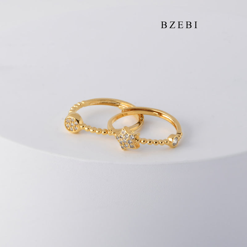 BZEBI Simple and fashionable 18K Stainless Steel Gold Plated 5-point star round set cubic zirconia adjustable ring diamond ring