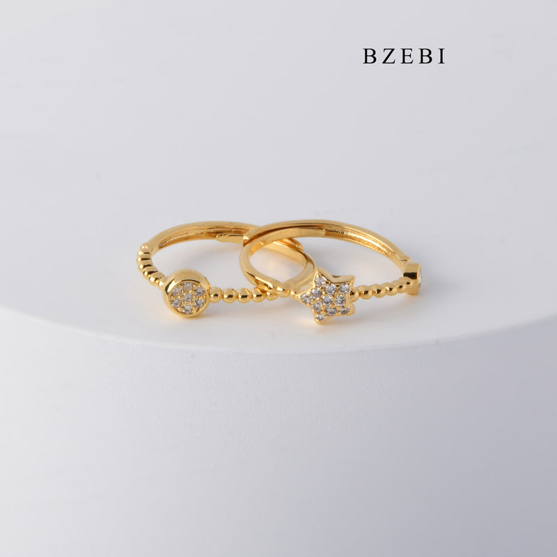 BZEBI Simple and fashionable 18K Stainless Steel Gold Plated 5-point star round set cubic zirconia adjustable ring diamond ring