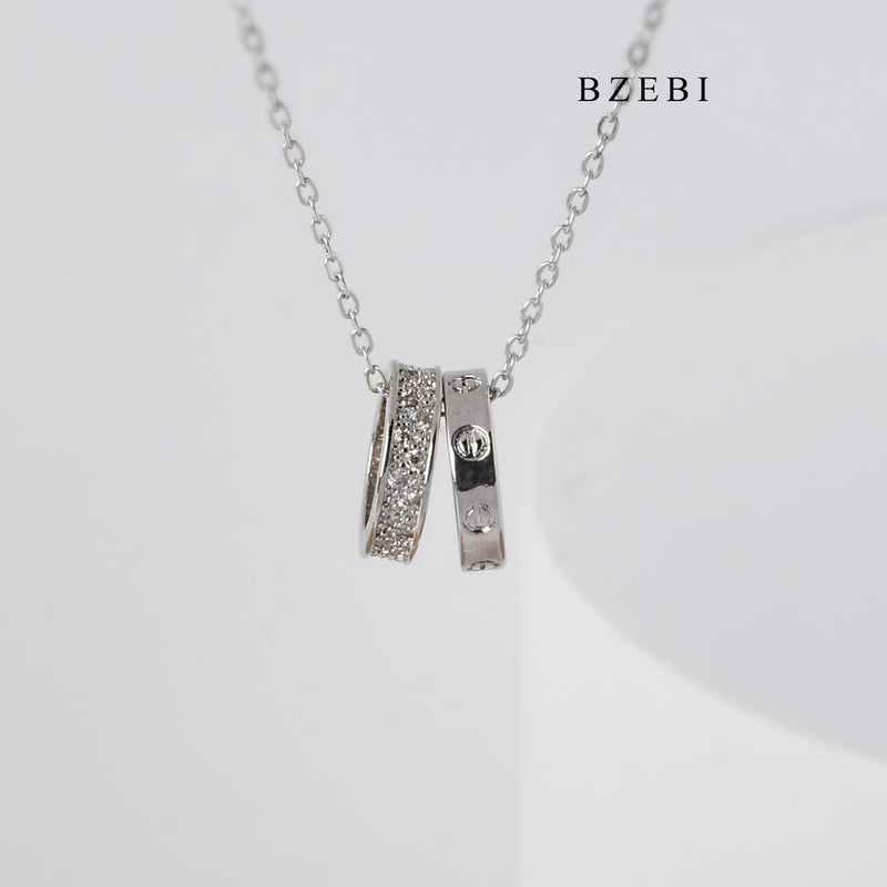 BZEBI Light luxury transshipment double-ring design high-grade silver-plated circle pendant necklace jewelry birthday gift girls