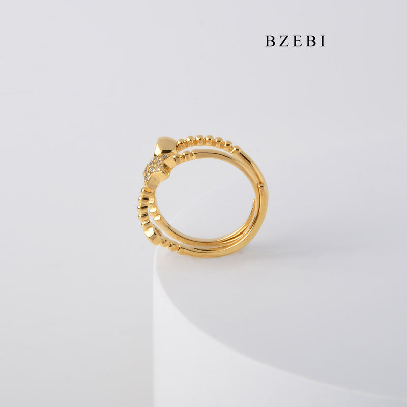 BZEBI Simple and fashionable 18K Stainless Steel Gold Plated 5-point star round set cubic zirconia adjustable ring diamond ring