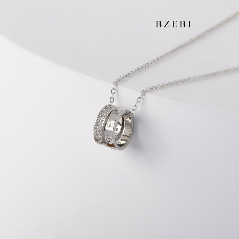 BZEBI Light luxury transshipment double-ring design high-grade silver-plated circle pendant necklace jewelry birthday gift girls