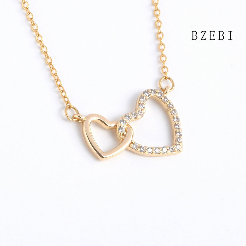 18k Gold Plated Cubic Zirconia Double heart Necklace for Women with Box