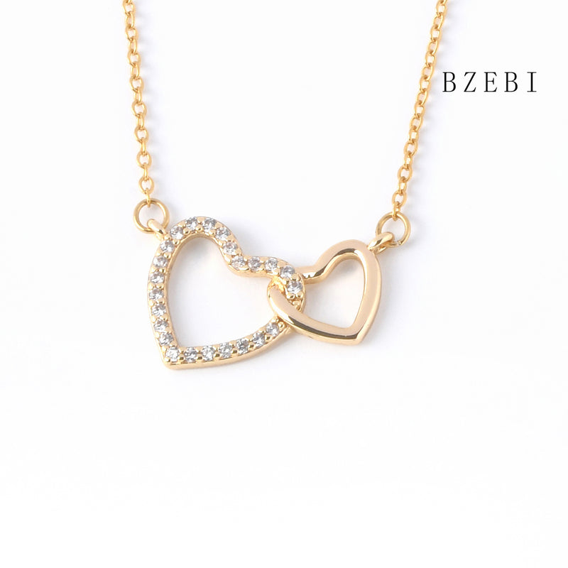 18k Gold Plated Cubic Zirconia Double heart Necklace for Women with Box