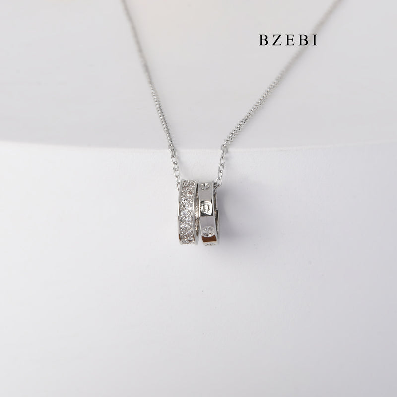 BZEBI Light luxury transshipment double-ring design high-grade silver-plated circle pendant necklace jewelry birthday gift girls