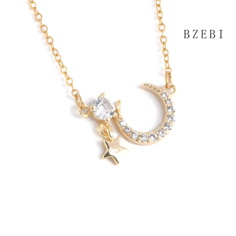 18k Gold Plated Cubic Zirconia Moon and stars Necklace for Women with Box