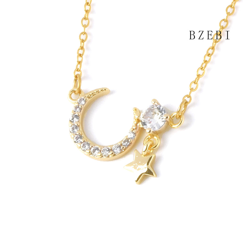 18k Gold Plated Cubic Zirconia Moon and stars Necklace for Women with Box