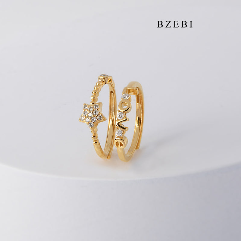 BZEBI Luxury 18K stainless steel gold plated diamond set 5-point Star Love adjustable ring wedding engagement ring diamond ring