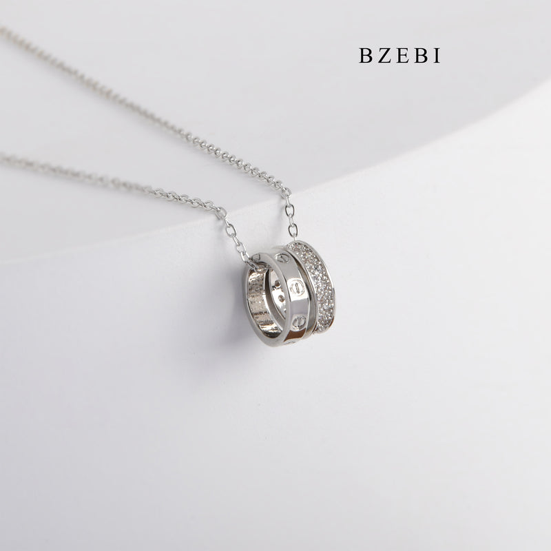 BZEBI Light luxury transshipment double-ring design high-grade silver-plated circle pendant necklace jewelry birthday gift girls