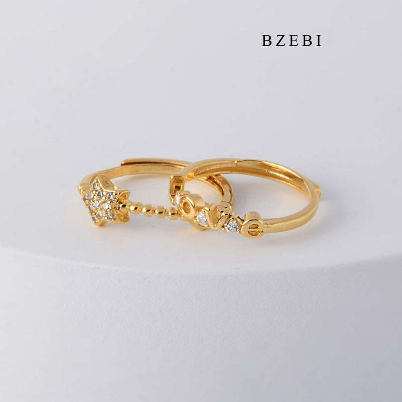 BZEBI Luxury 18K stainless steel gold plated diamond set 5-point Star Love adjustable ring wedding engagement ring diamond ring