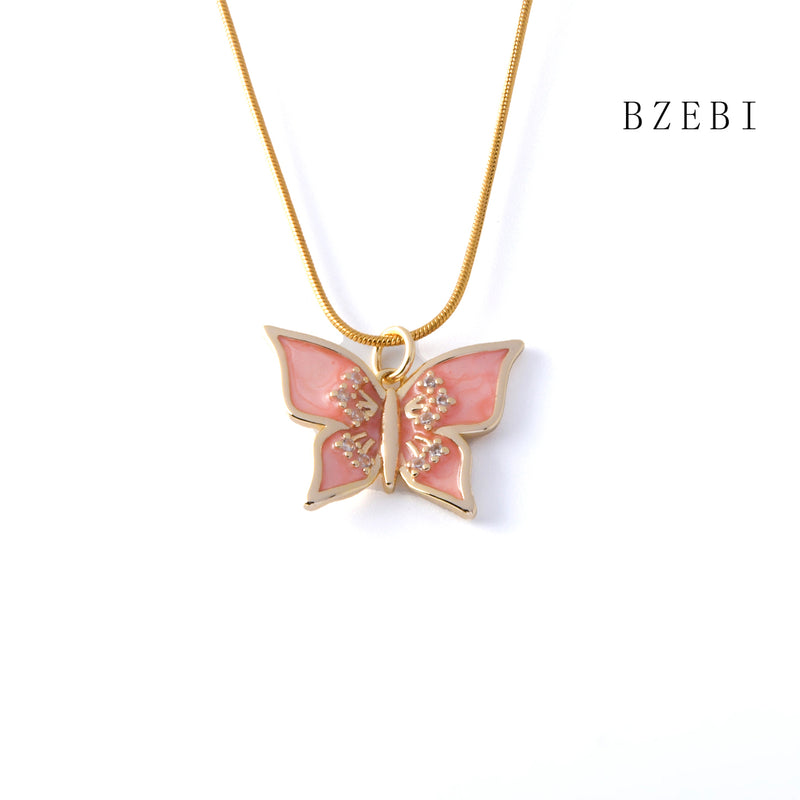 18k Gold Plated Cubic Zirconia The Pink butterfly Necklace for Women with Box