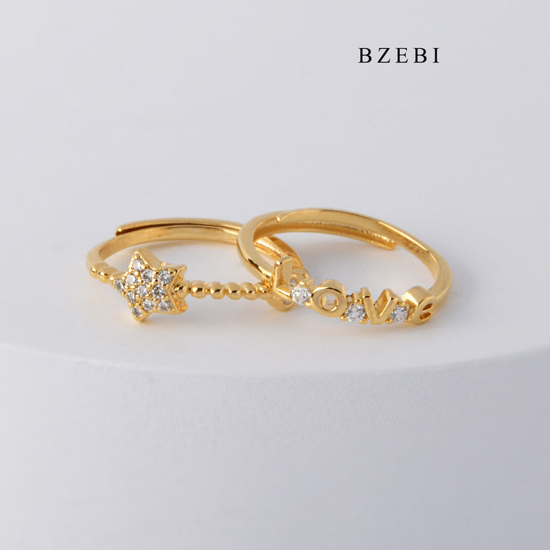 BZEBI Luxury 18K stainless steel gold plated diamond set 5-point Star Love adjustable ring wedding engagement ring diamond ring