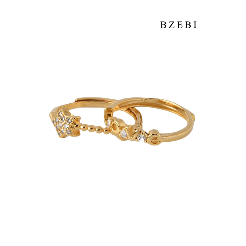 BZEBI Luxury 18K stainless steel gold plated diamond set 5-point Star Love adjustable ring wedding engagement ring diamond ring