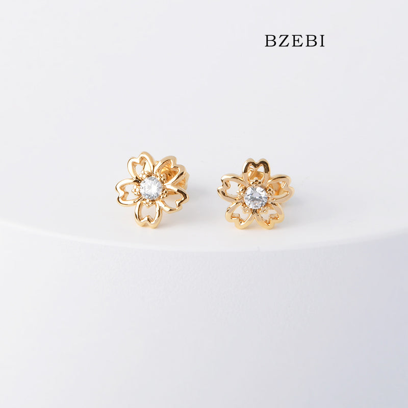 BZEBI 18k Gold Plated Cubic Zirconia Flower Stud Stud Earrings for Women with Box