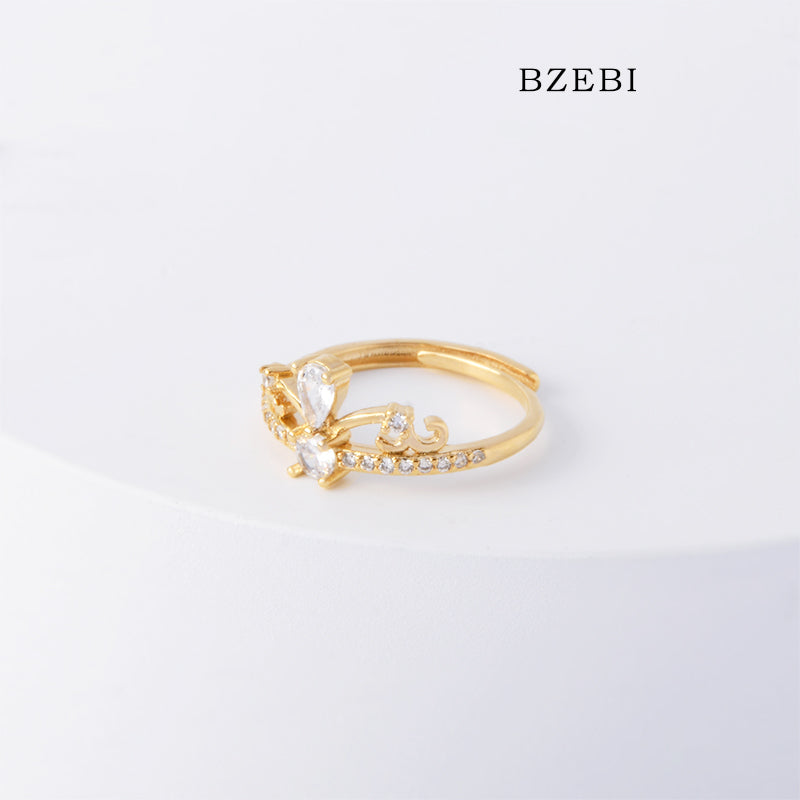 BZEBI 18k Gold Plated Cubic Zirconia Crown Adjustable Rings for Women with Box