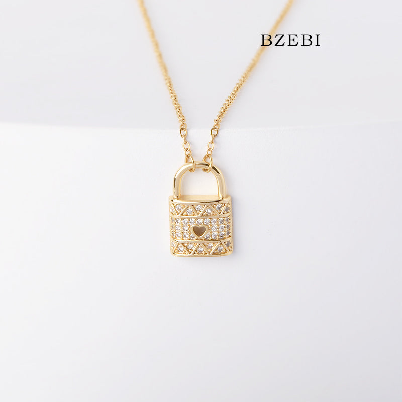 BZEBI 18k Gold Plated Cubic Zirconia Gold Plated Lock Necklace for Women with Box