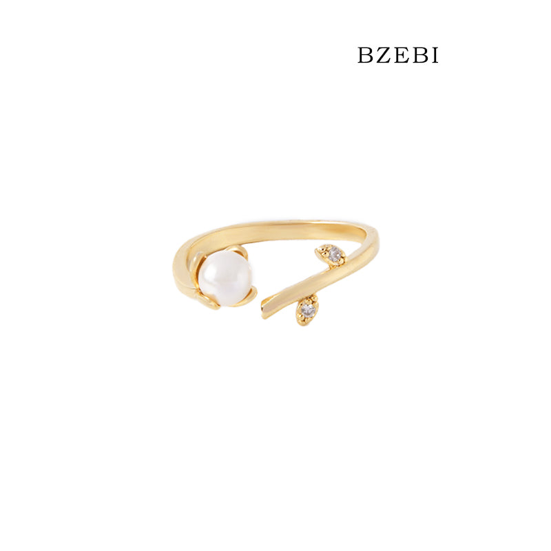 BZEBI 18k Gold Plated Cubic Zirconia Willow Pearl Adjustable Rings for Women with Box