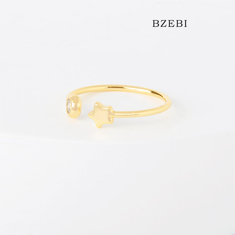 BZEBI 18k Gold Plated Cubic Zirconia Star Adjustable Rings for Women with Box