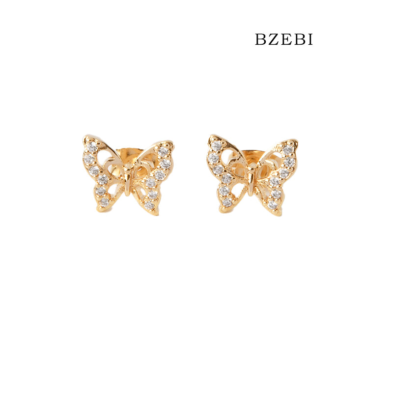 BZEBI 18k Gold Plated Cubic Zirconia Butterfly Stud Earrings for Women with Box