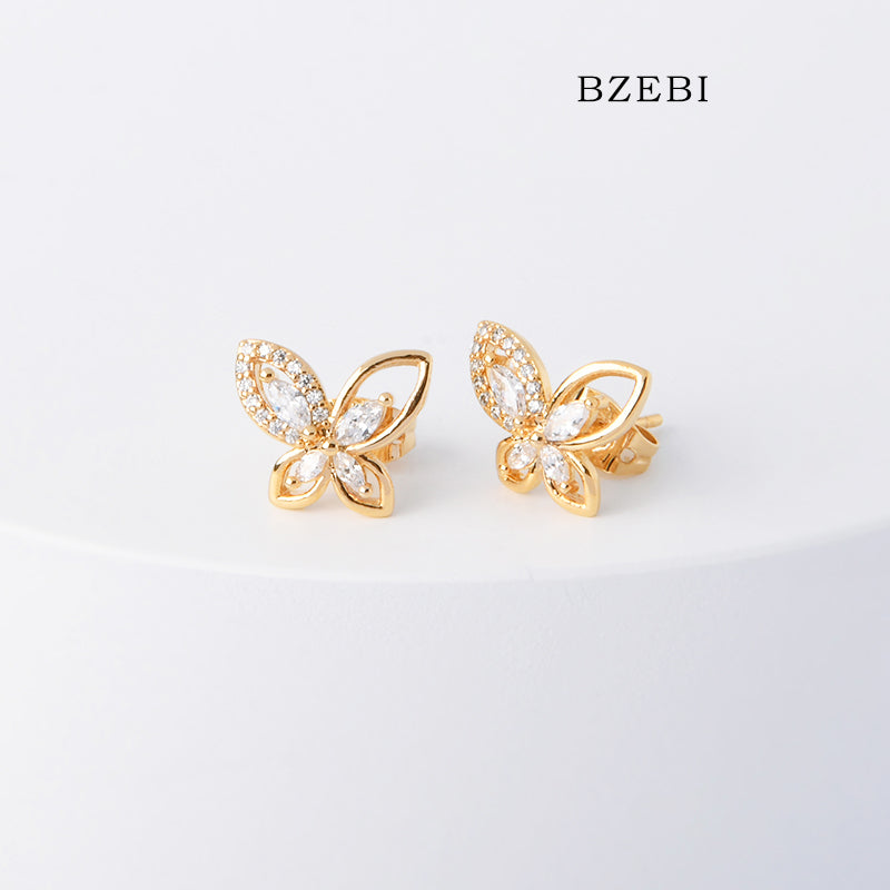 BZEBI 18k Gold Plated Cubic Zirconia Butterfly Stud Earrings for Women with Box