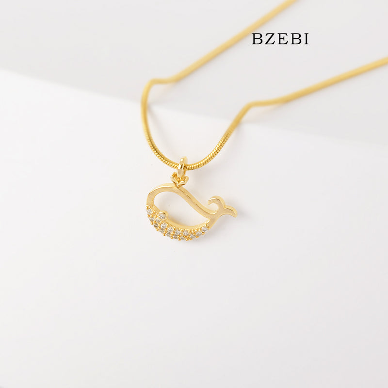 BZEBI 18k Gold Plated Cubic Zirconia Little Whale Necklace for Women with Box