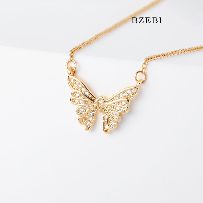 BZEBI 18k Gold Plated Cubic Zirconia Butterfly Necklace for Women with Box