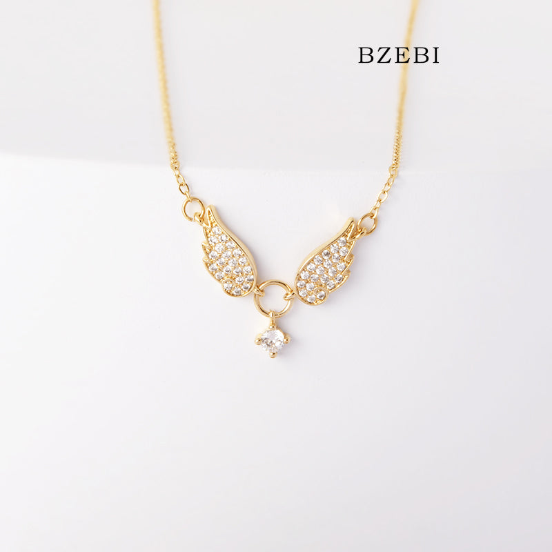 BZEBI 18k Gold Plated Cubic Zirconia Angel Wings Necklace for Women with Box