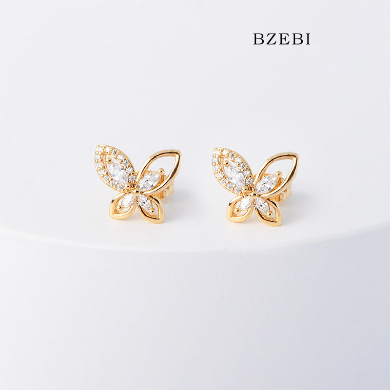 BZEBI 18k Gold Plated Cubic Zirconia Butterfly Stud Earrings for Women with Box