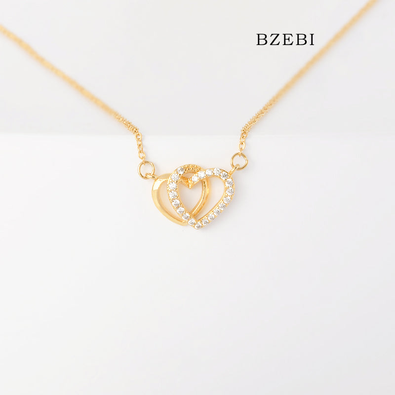 BZEBI 18k Gold Plated Cubic Zirconia Double Heart Interactive Love Necklace for Women with Box