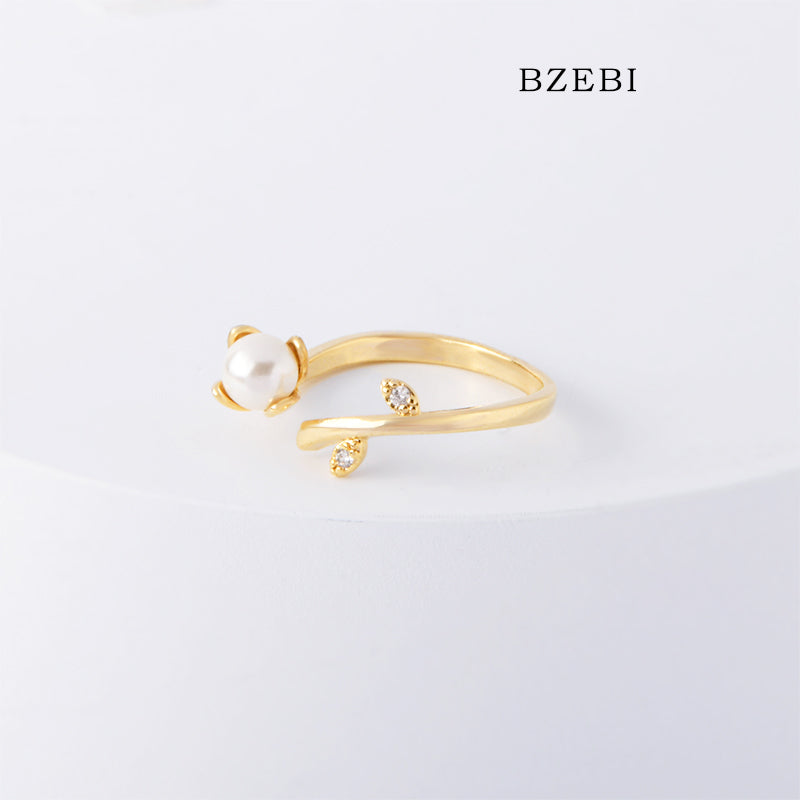 BZEBI 18k Gold Plated Cubic Zirconia Willow Pearl Adjustable Rings for Women with Box