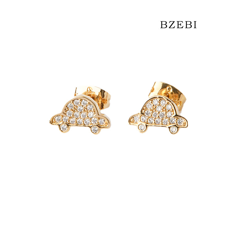 BZEBI 18k Gold Plated Cubic Zirconia Cartoon Car Stud Earrings for Women with Box